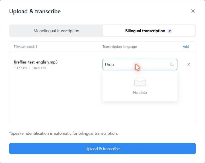 Notta bilingual transcription language search shows no data for Urdu